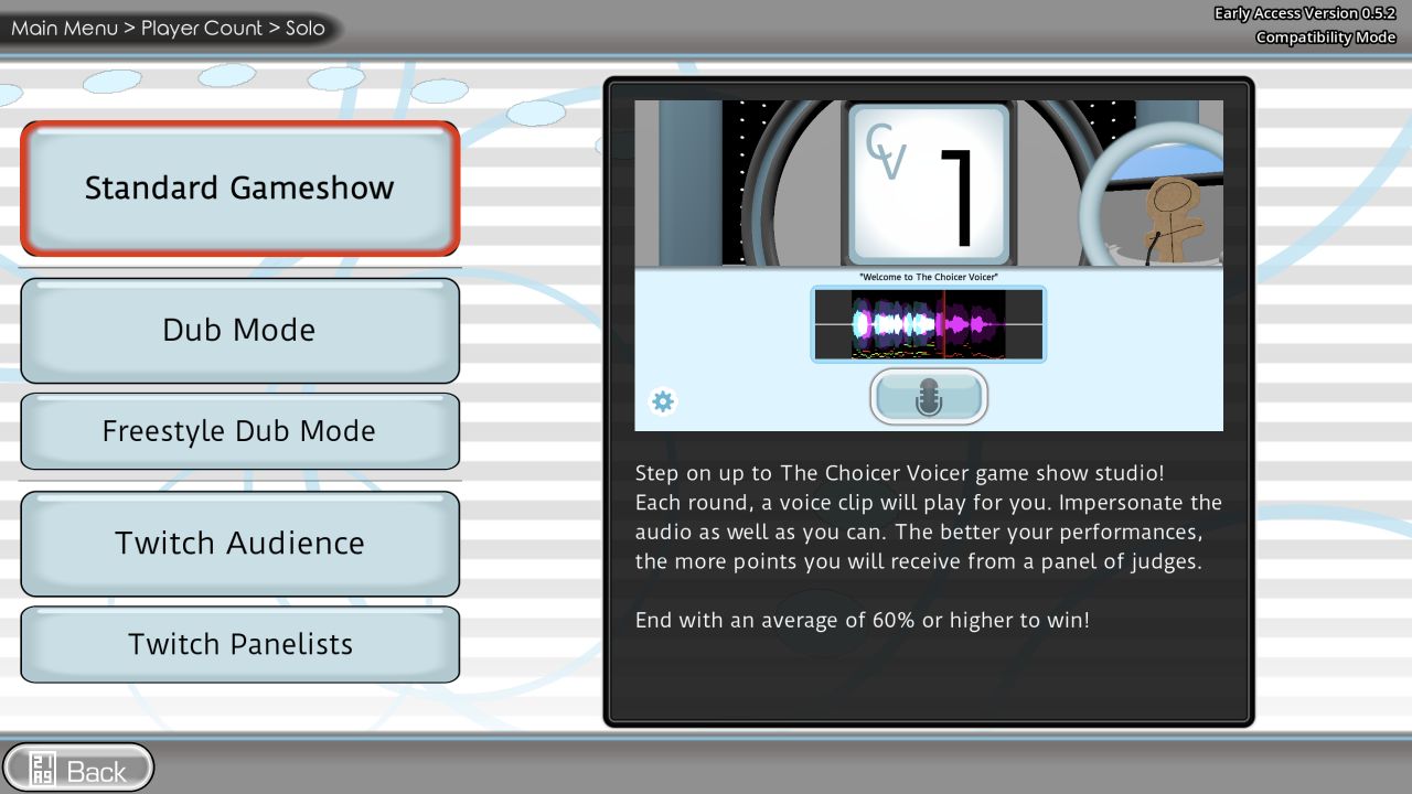 Browser build 0.5.2 solo mode menu with gameshow, dub and Twitch choices