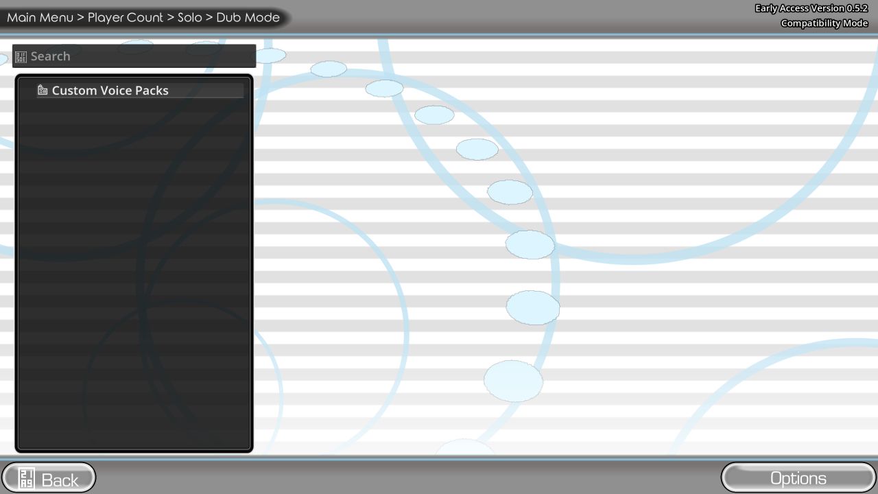 Browser build 0.5.2 Dub Mode pack selection, with no pack installed in this session