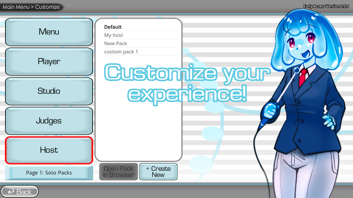 Developer screenshot: Customize screen with menu, player, studio, judges and host choices