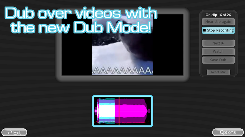Dub Mode interface showing a video clip and live recording controls