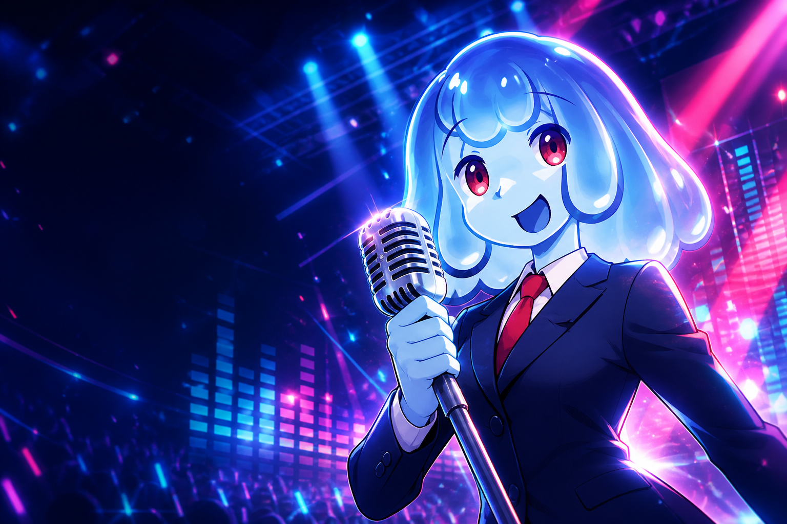 Blue-haired performer holding a microphone under neon stage lights